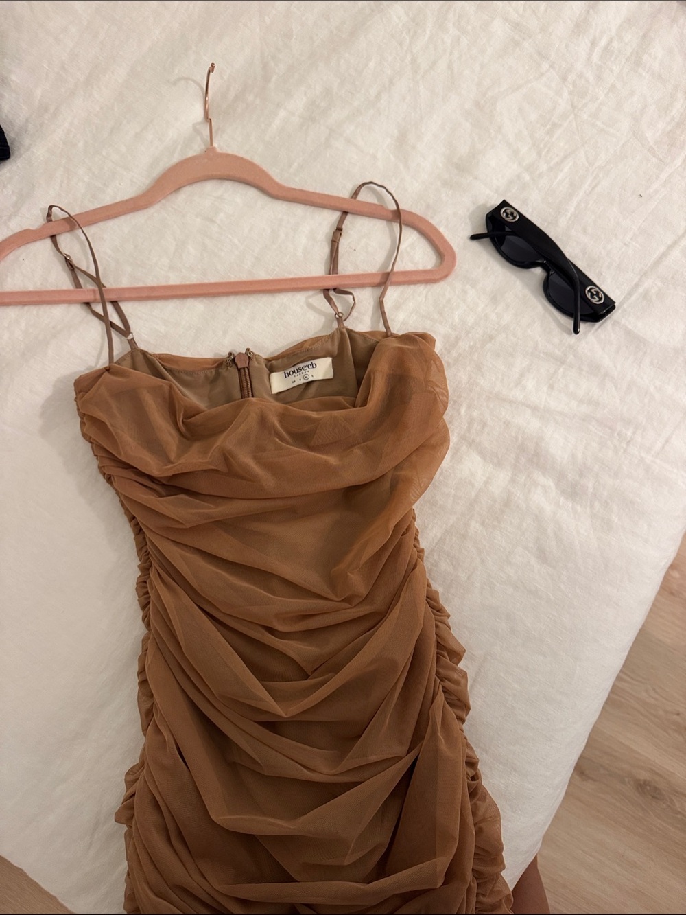 House of CB Ruched Spaghetti Strap Nude Dress